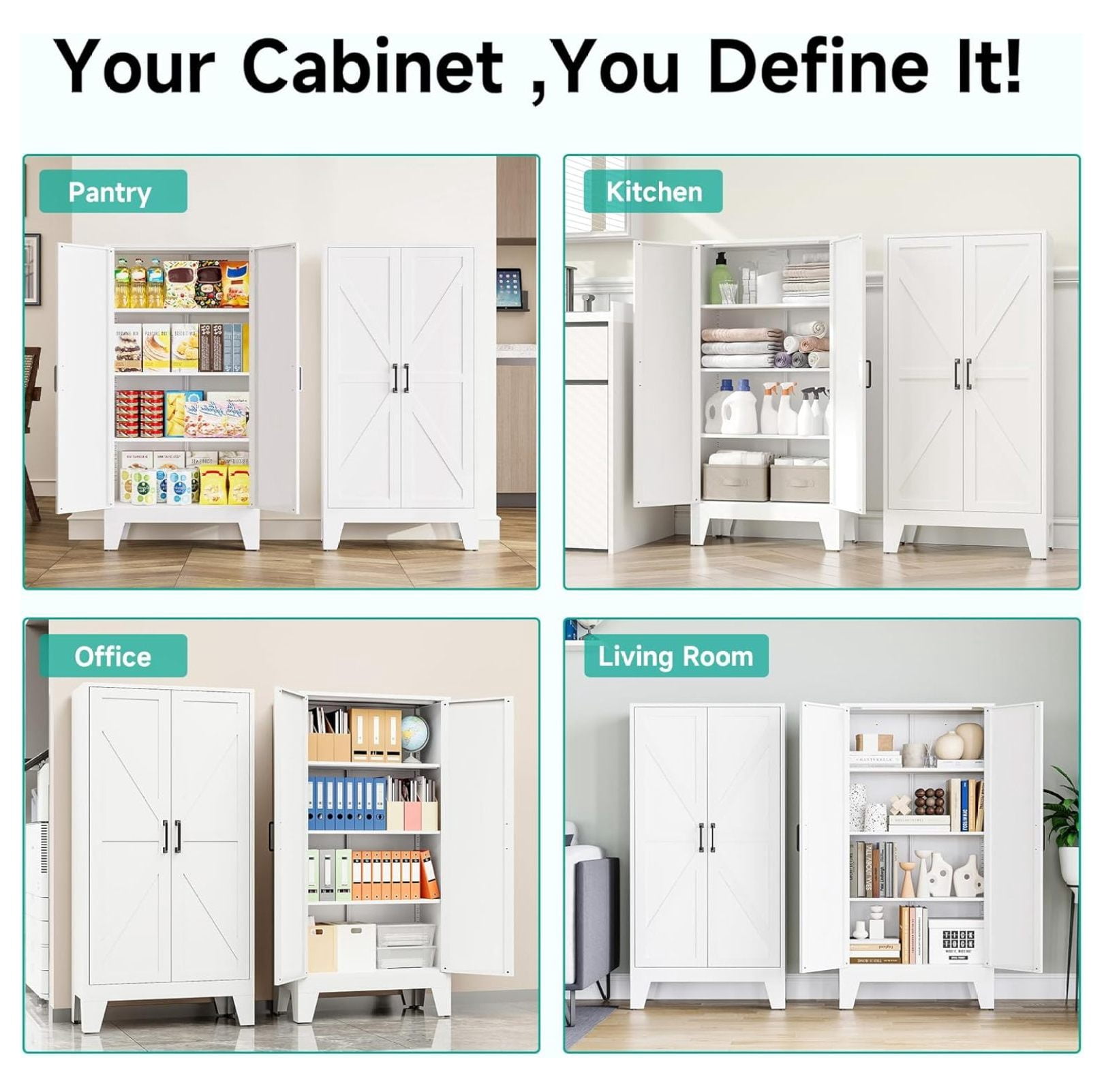 Metal Storage Cabinet with 2 Doors and 3 Shelves,White Pantry Storage Cabinet with Legs,Farmhouse Pantry Cabinets Cupboard,Bathroom Cabinets for Home,Kitchen,Dining/Living Room (47.3" H)