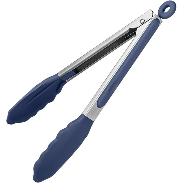 Pinces de Cuisine Résistantes à la Chaleur 480 °F : U-Taste Pince de Cuisson en Silicone 9 Po avec Embouts en Caoutchouc Antiadhésifs Fermement Scellés et Poignée en Acier Inoxydable 18/8 Revêtue de Silicone et Verrouillage Lisse pour Servir le Gril (Bleu)