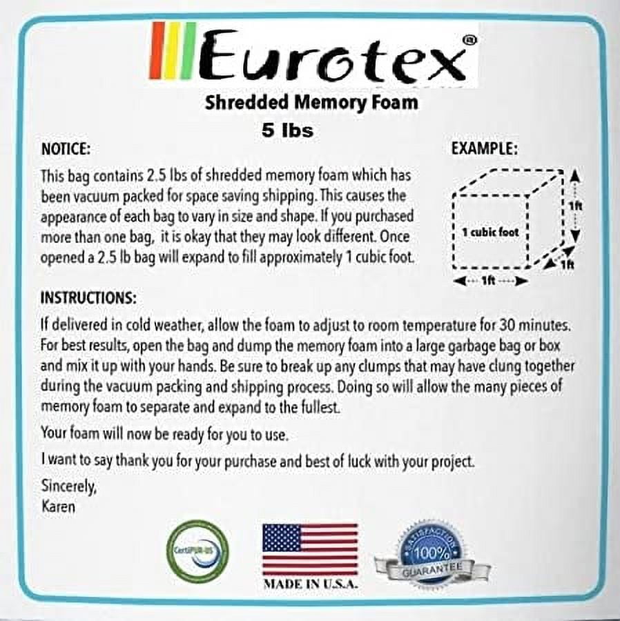 Eurotex Shredded Memory Foam Filling 15 lbs for Bean Bag Filler, Gel  Particles Refill, Premium Soft and Comfortable Stuffing