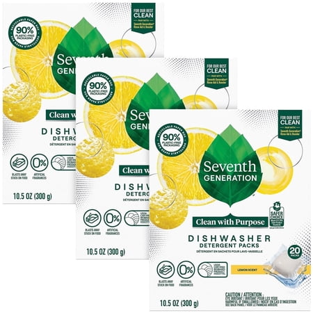 Seventh Generation Dishwasher Detergent Packs, 3-Pack (60 Pods Total), Lemon Scent