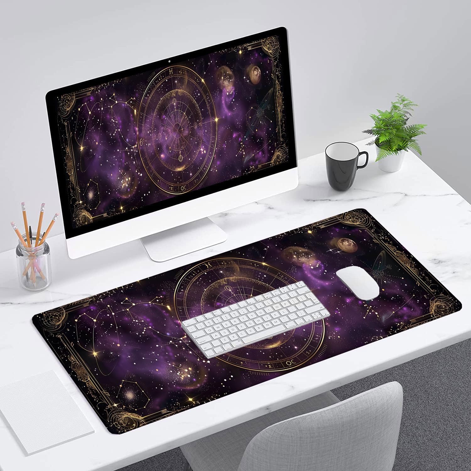 Purple Star Moon Card Desk Pad Mouse Pad Mysterious Galaxy Large Gaming Mouse Mat with Stitched Edges,Non-Slip Waterproof Rubber Base Mous Mat 31.5"x11.8" Office Computer Keyboard Laptop Home