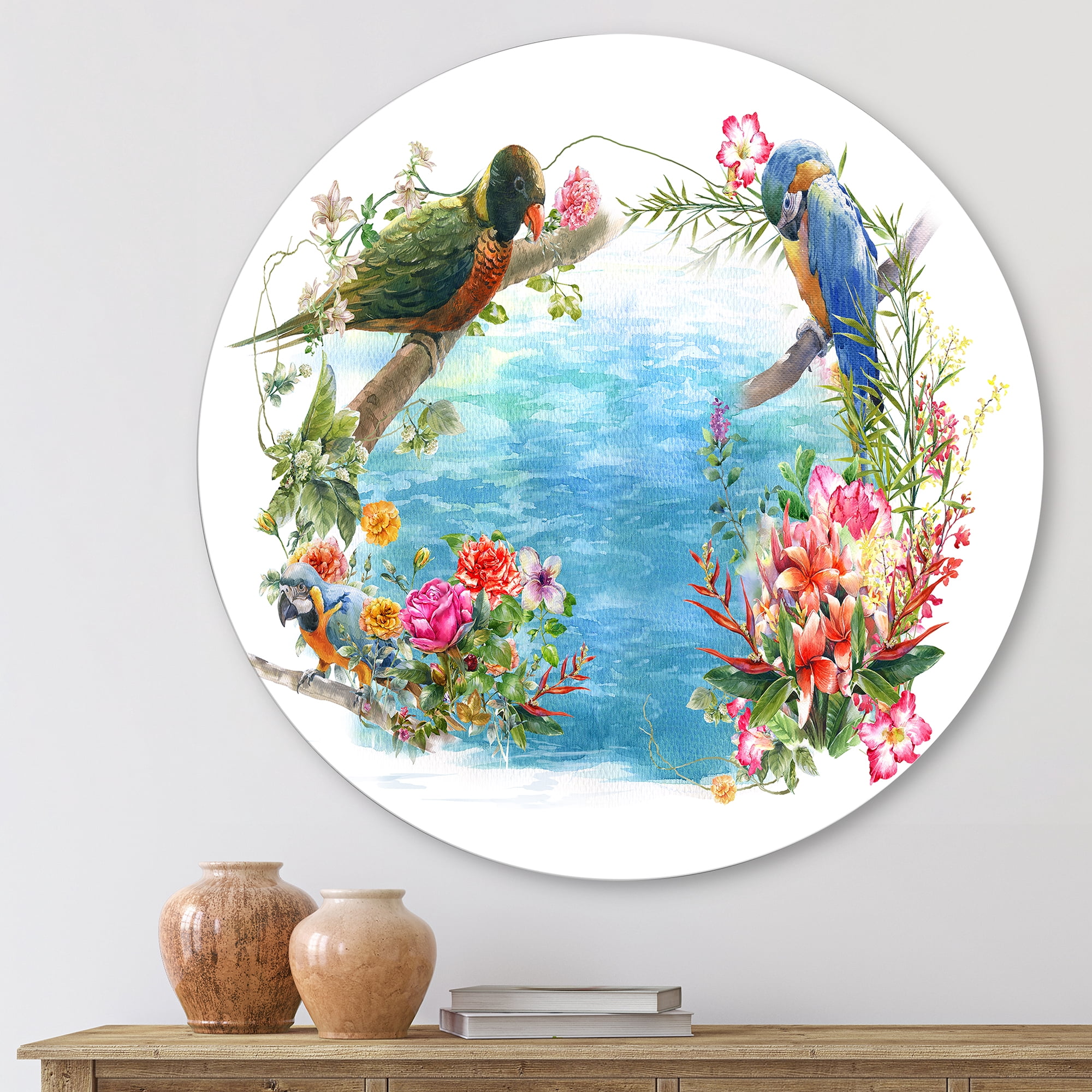 Designart 'Parrots and Flowers By The Blue Waterside' Traditional Circle Metal Wall Art 23x23 - Disc of 23