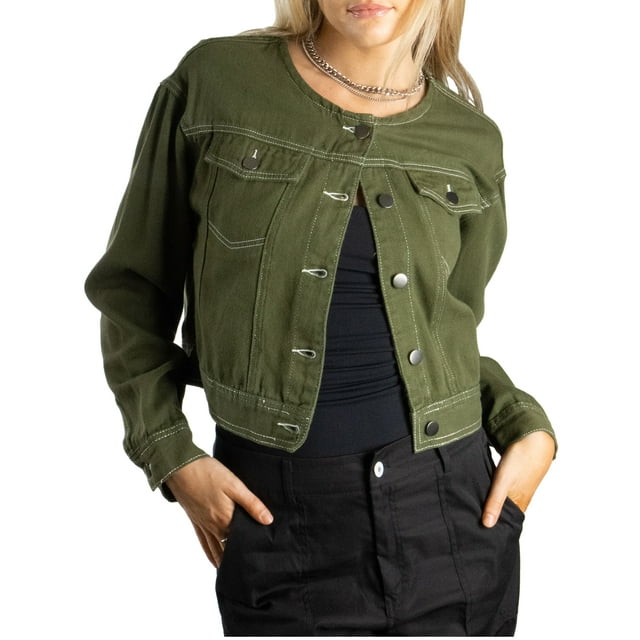 Jess by Meiko Chaqueta de mezclilla para mujer sin cuello, de manga larga, mini crop, color verde