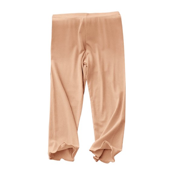 CPNG Girls Ribbed Knitted Lounge Pants Ruffle Hem Stretchy Thin Tight Pants Casual Pants Solid Color Outerwear Pants(Khaki,5-6 Years)