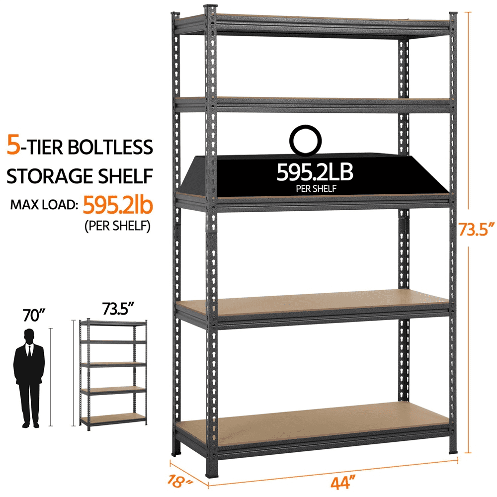 Fullfurnique 73.5″ Height 5 Tiers Adjustable Boltless Storage Shelf, Black