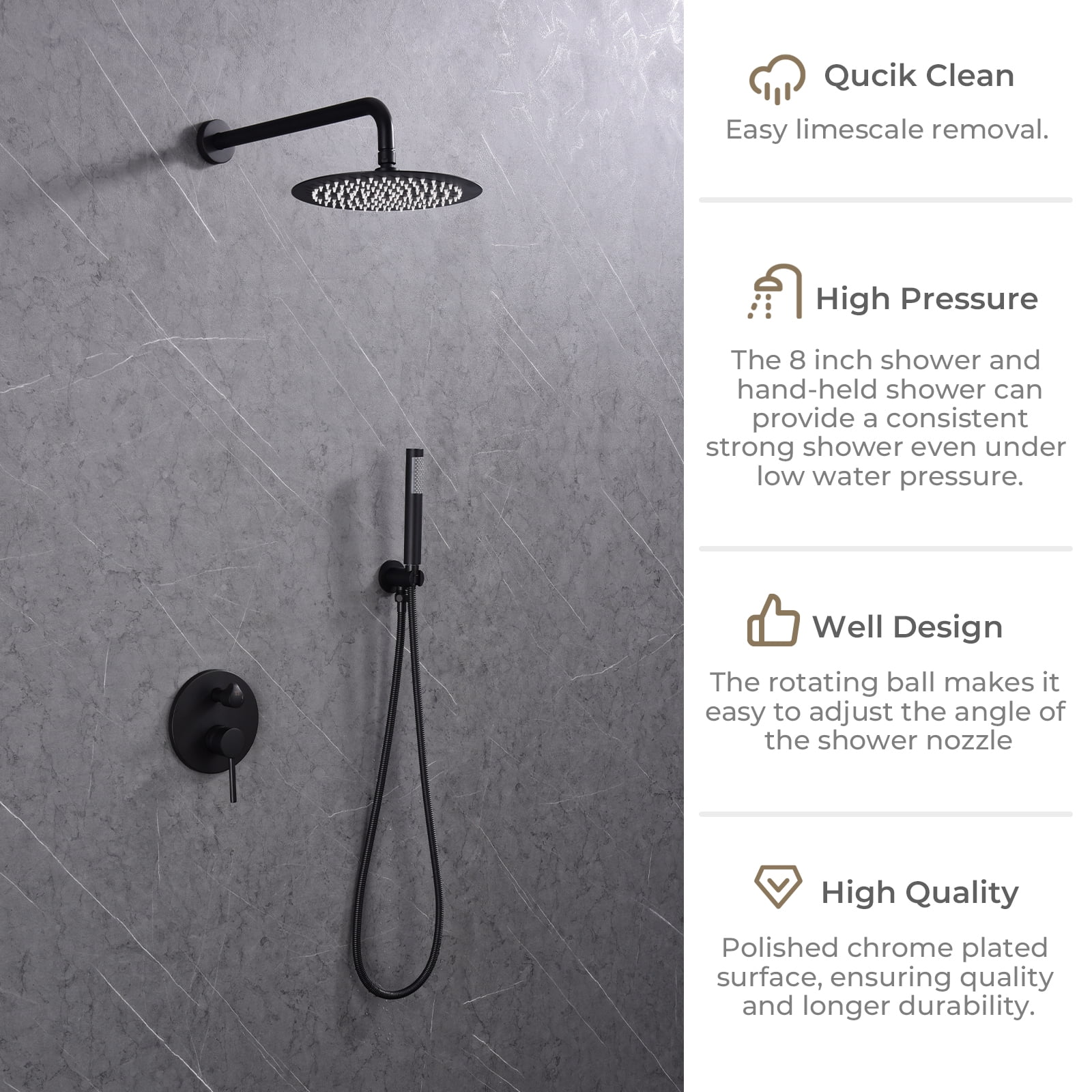 Dawot Shower System Faucet Set, Matte Black 10" Roud Rain Shower Head and Handheld Shower Head Kit, Wall Mounted Shower Trim Kit with Valve