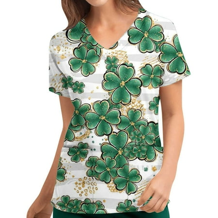 

SUWHWEA Christmas Gift Scrub Tops Fashion Women St. Patrick s Day Printing Short Sleeve V Neck Tops Nursing Working on Clearance