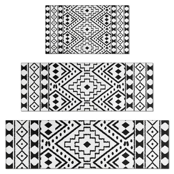 Black Geometric Diamond Pattern Kitchen Rugs Sets Of 3,Kitchen Runner Rugs Non Skid Washable,Decorative Kitchen Floor Mats for Kitchen,Sink,Laundry,17"x30" 17"x47" 17"x59"