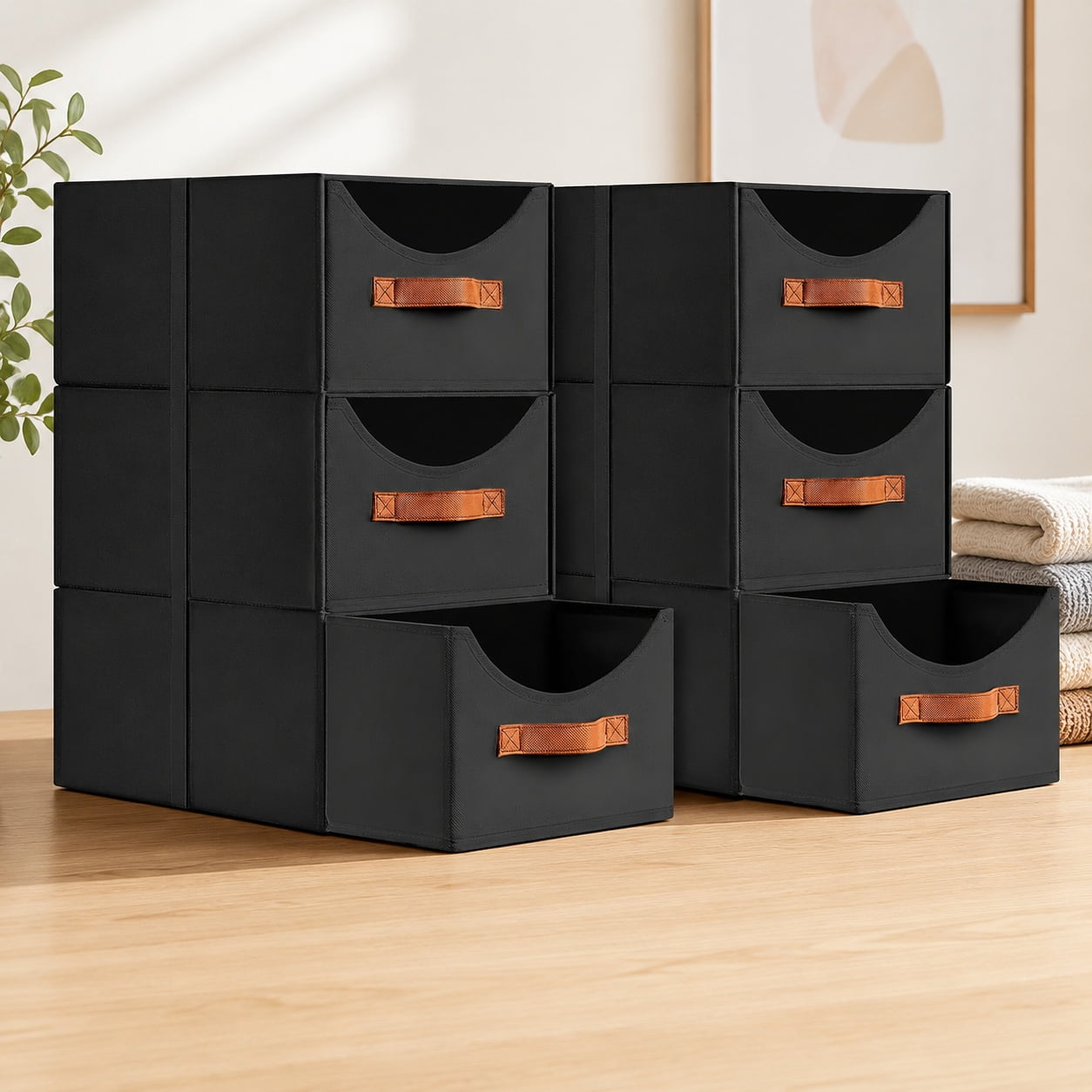 Stackable Storage Drawers - Collapsible Fabric Storage Bins with Drawers 6 Pack Small Closet Organizer Bins for Bedroom Living Room Dorm Black