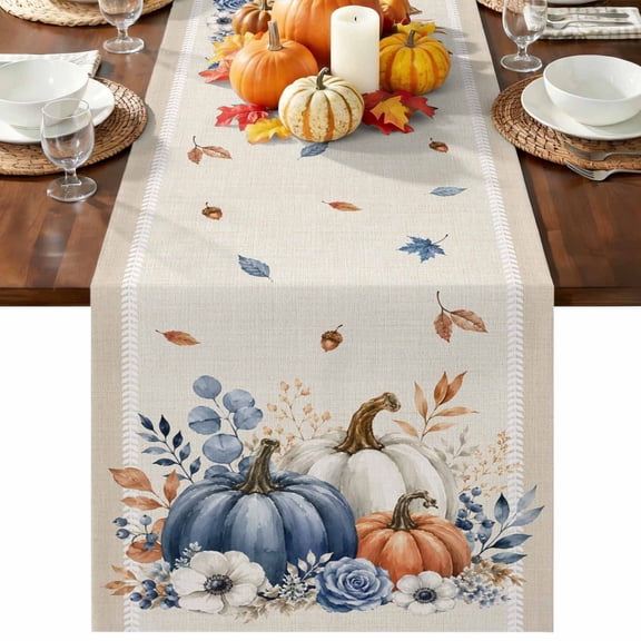 Blue White Pumpkins Fall Table Runner 120 Inches Long - Thanksgiving Eucalyptus Rustic Kitchen Dining Burlap Linen Tablerunner for Small/Round/Square/Wedding/Coffee/Dining Table Party Décor 13 x 120