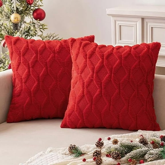 0829 Red Christmas Throw Pillow Covers 20x20 Set of 2 Decorative Farmhouse Couch Throw Pillows Boho Shells Cute Soft Plush Wool Winter Pillowcases for Bedroom Living Room Sofa