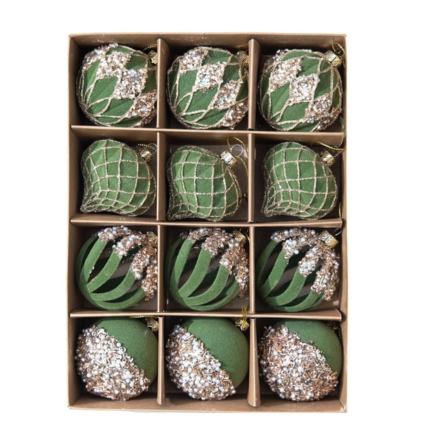 Christmas Tree Lights Balls 6Cm Hollow 12Pc Hand Rhinestones Painted Flocked Christmas Christmas Tree Storage