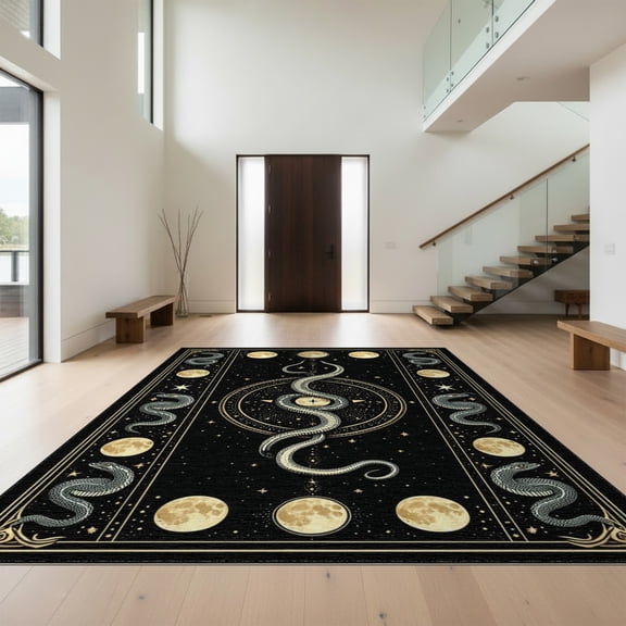 Design&I 8'x10' Washable Area Rug Snag-Free Snake Round Gothic Witchy Serpent Tarot Motifs Moody Goth Witch for Dining Room, Large Office, Lounge