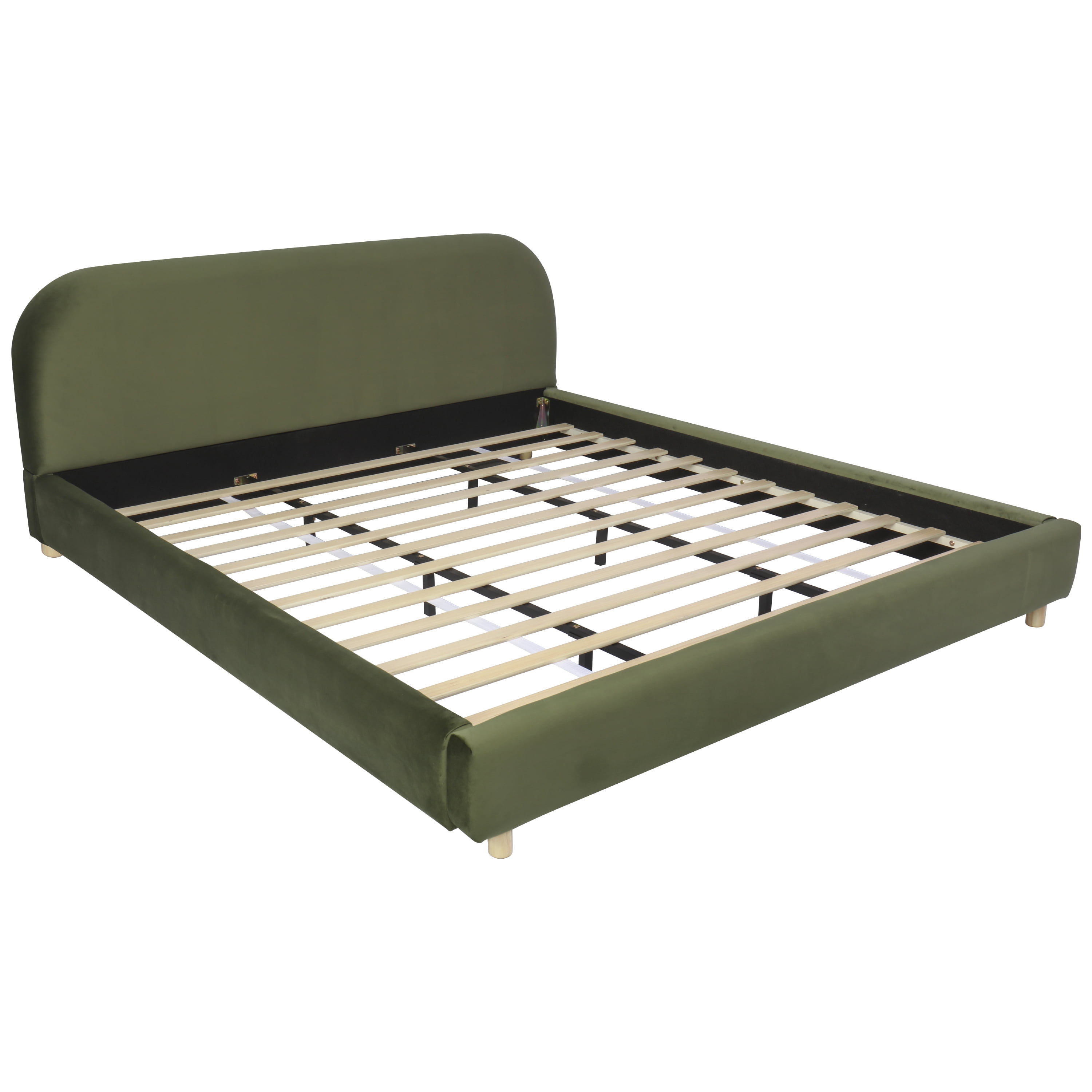King Size Platform Bed with Plush Velvet Fabric, Curved Thick Padded Headboard, Upholstered Bed Frame with Wood Slats for Bedroom, Olive Green
