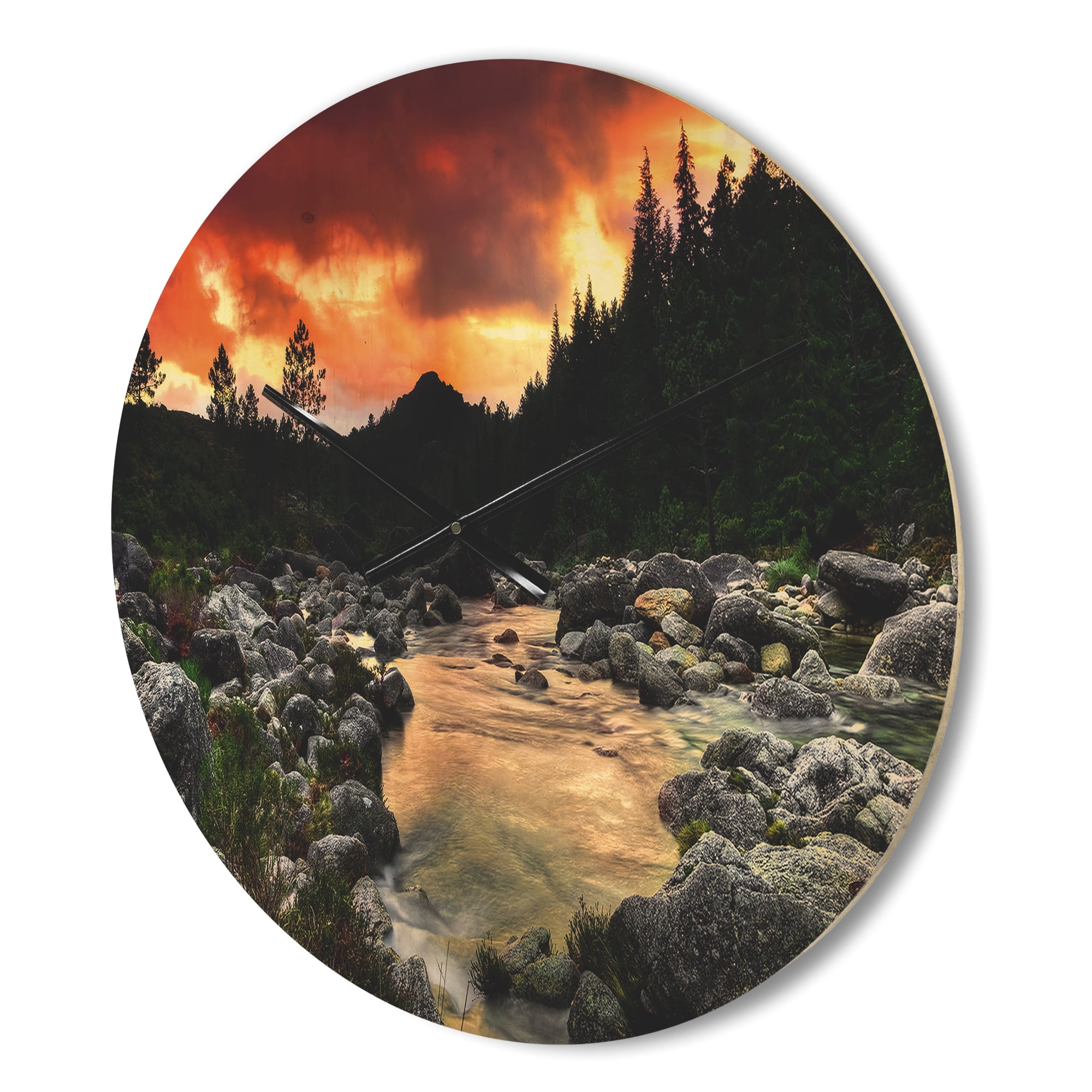 Designart 'Rocky Mountain River at Sunset Light' Modern Wood Wall Clock