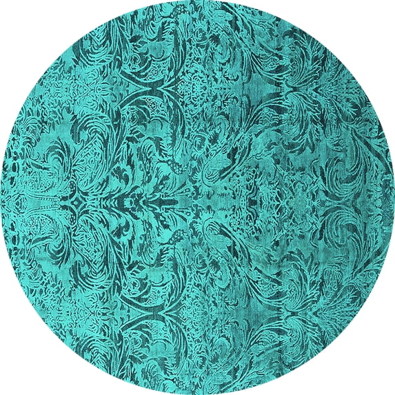 Ahgly Company Machine Washable Indoor Round Oriental Turquoise Blue Industrial Area Rugs, 7' Round