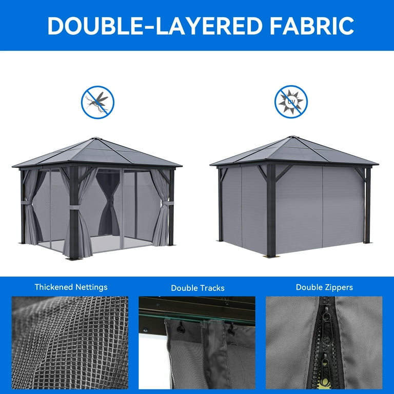 Dextrus 10x10FT Outdoor Gazebo with Polycarbonate Hardtop, Nets