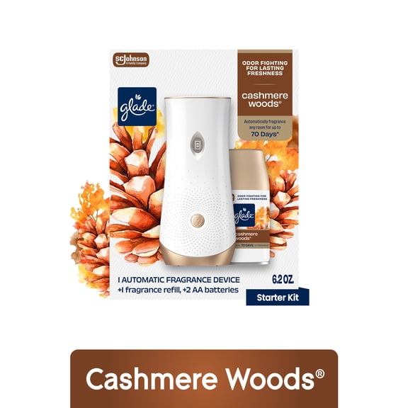 Glade Automatic Spray Air Freshener Starter Kit, Mothers Day Gifts, 1 Holder 1 Refill, Cashmere Woods, Infused with Essential Oils, 6.2 oz