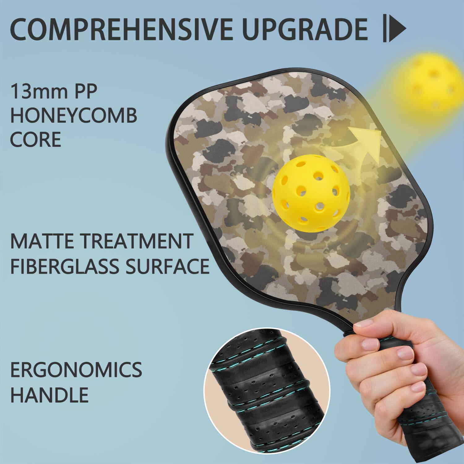 Pickleball Paddles Set Of 1, Fiberglass Surface, Camouflage Print, 1 Paddle, 2 Balls & Bag