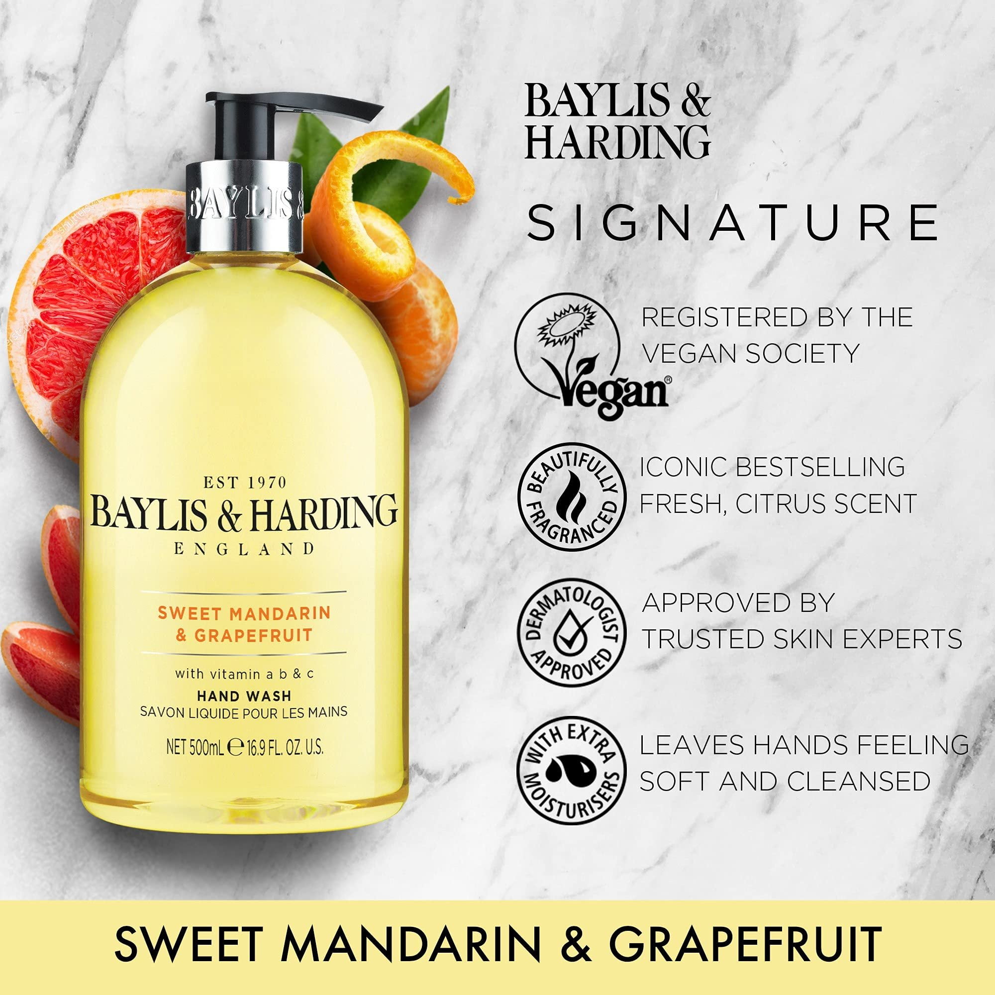 Baylis & Harding Liquid Hand Soap Wash with Dispenser, Sweet Mandarin & Grapefruit, 16.9oz/500ml 3-Pack