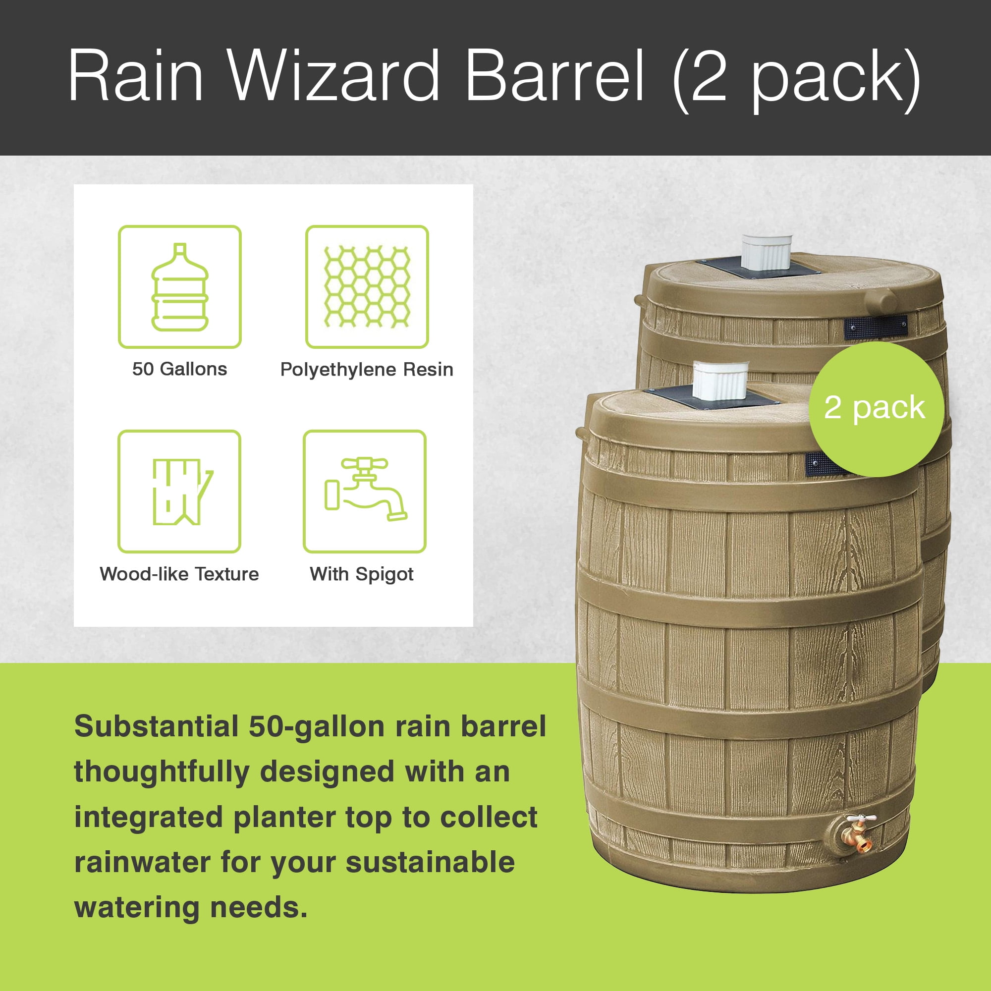 Good Ideas Rain Wizard 50 Gallon Rain Barrel Water Collector, (2 Pack)