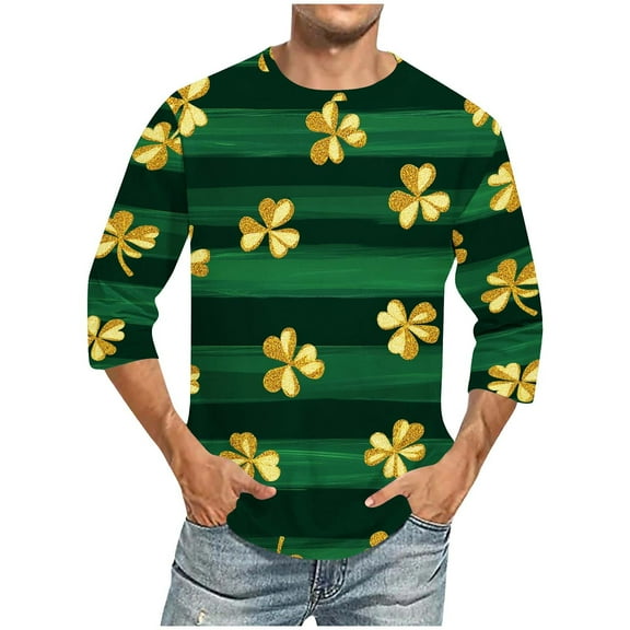 Jinhomg Mens Holiday Tee Shirt 2025 Trendy St Patricks Day Shamrock Graphic Tops Big and Tall Casual 3/4 Sleeve Crew Neck T-Shirts Funny Gifts Green L