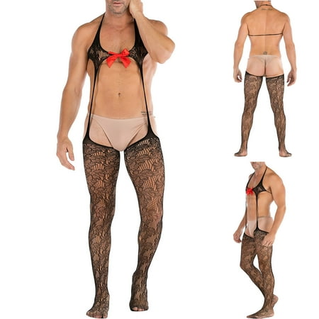 

Juebong Mens Plus Size Clearance $5 Men s One-piece Net Suit See-Through Night Club Bow High Slit Sexy Pajamas Black One Size