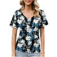 thumbnail image 2 of GaThRRgYP Summer Shirts for Women,Fashion Women's Casual Short Sleeve Printing V-Neck Blouse Floral Ruched T-Shirt Casual Feminine Blue XL, 2 of 6