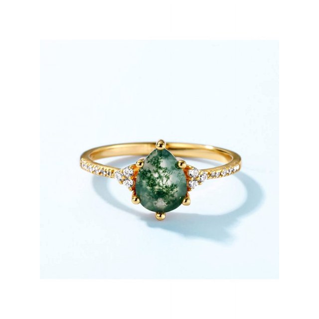 1pc Vintage Unique 6x8mm Natural Moss Agate Healing Gemstone 925 Sterling Silver Drop Shaped Decorative Ring Suitable For Women's Engagement Party Daily Wear