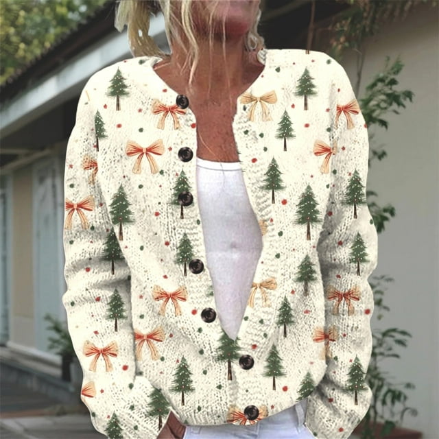 Plus Size Women's 2025 Christmas Sweater Funny Xmas Open Front Button Down Cardigan Long Sleeves Knitted Coat For Fall Winter