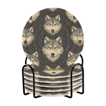 

6 coil coasters 3.94x3.94x0.24 inch water coasters Drink coasters with cup holders Absorbent coasters Heat resistant for bar protection Cartoon Wolf Face Seamless