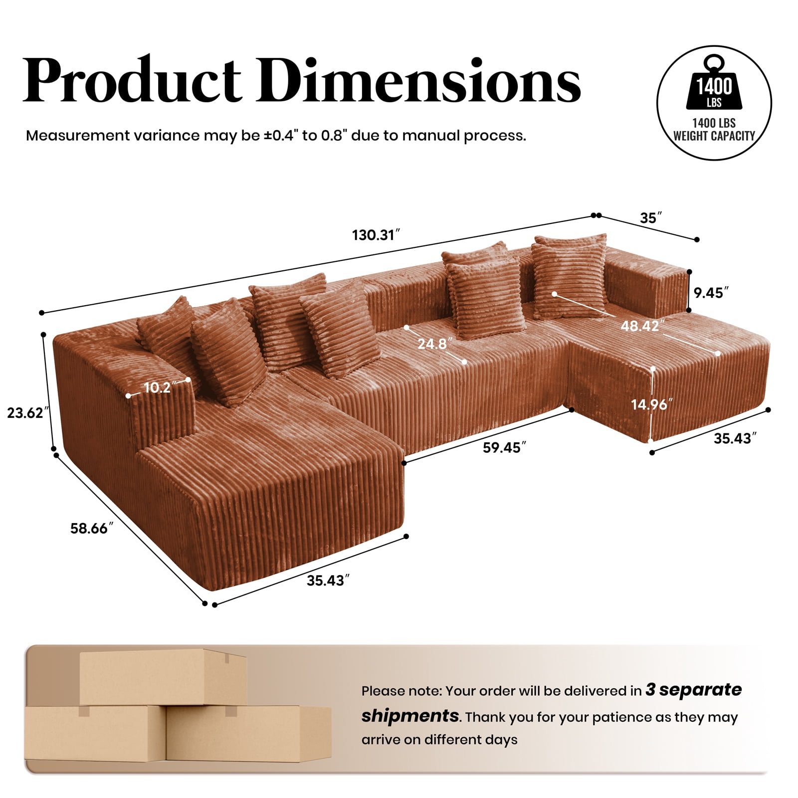 Kelyda 130'' U Shaped Sectional Couches, Modern Deep Seat Foam Boneless Cloud Sofa for Living Room Brown