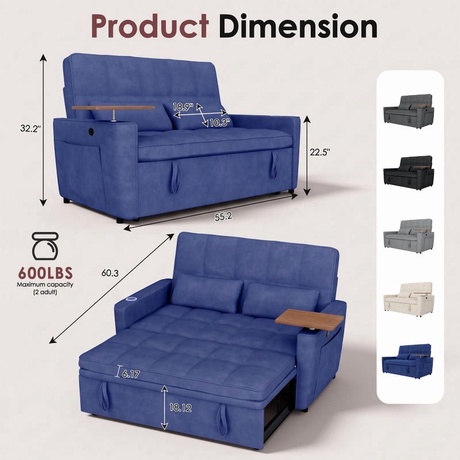avobird 54'' Pull Out Sofa Bed, Convertible Sleeper Couch for for Living Room, Side Desk, USB Ports, Cup Hold, Velvet Fabric, Adjustable Backrest, Blue