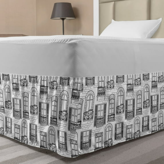 Geometric Bed Skirt, Apartment Building Urban Architecture European Windows City Town Illustration, Elastic Bedskirt Dust Ruffle Wrap Around for Bedding Decor, 4 Sizes, Grey White, by Ambesonne