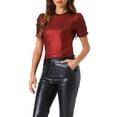 thumbnail image 4 of Camiseta casual de mujer con brillo, cuello redondo, mangas abullonadas y diseño retorcido, talla XL, color rojo oscuro, 4 of 6