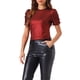 thumbnail image 4 of Camiseta casual de mujer con brillo, cuello redondo, mangas abullonadas y diseño retorcido, talla XL, color rojo oscuro, 4 of 6