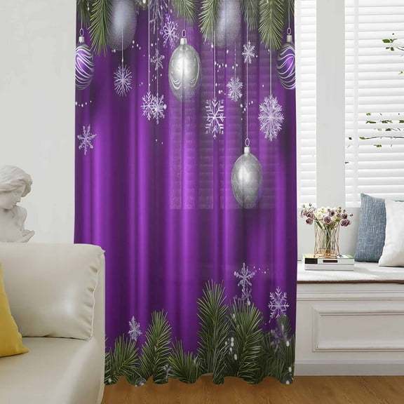 Purple Christmas Semi Sheer Curtains Drapes for Living Room, Bedroom, French Doors Window 54 Inches Long, Xmas Balls Botanical Snowflake Rod Pocket Chiffon Curtain Drapery Voile Draperies Panel