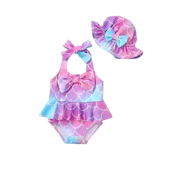 KIMI BEAR Newborn Baby Girls One-piece Swimsuits 0-3 Months Summer Bathing Suits Off the Shoulder Sleeveless Halter Bow Mermaid Beach Wear Holiday Rash Guard with Headband 2pcs Pink
