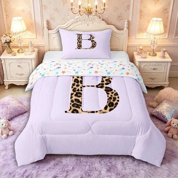 Manfei Vintage Leopard Print Letter Monogrammed B Twin Comforter Sets 3-Piece for Girls Women,Purple Ribbon Bow Knot Bedding Set for Kids Teens,Super Cozy Room Decor