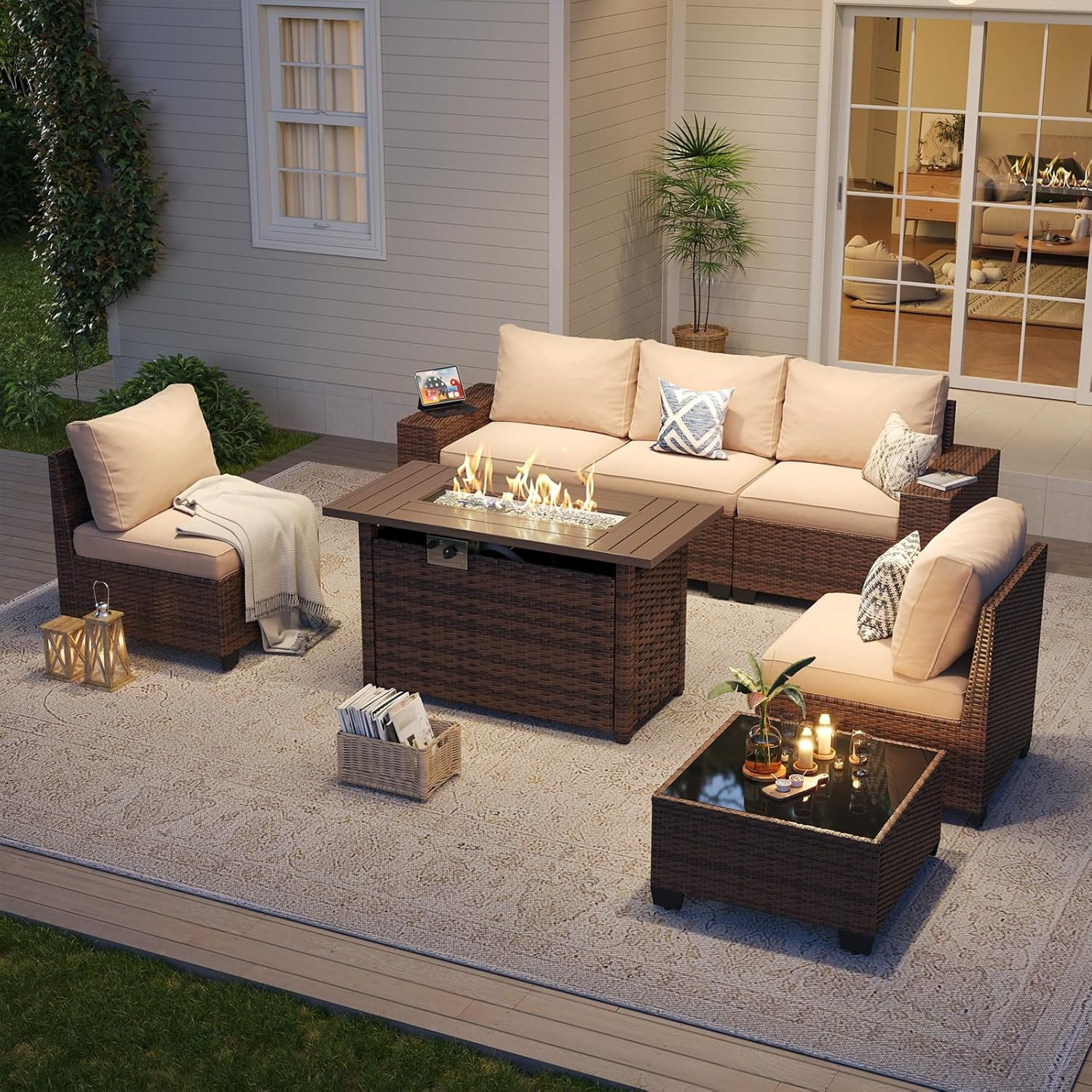 Aoxun 7 Pcs Outdoor Patio Furniture Sets with with 44'' Fire Table, Widen Armrests Wicker Outdoor Sectional for Backyard (Waterproof Cover Include)