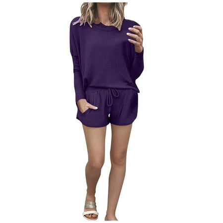 

HGWXX7 Women s Sleepwear Womens Solid Color T-shirt Long Sleeve Top Shorts Home Pajamas Casual Sets XXL
