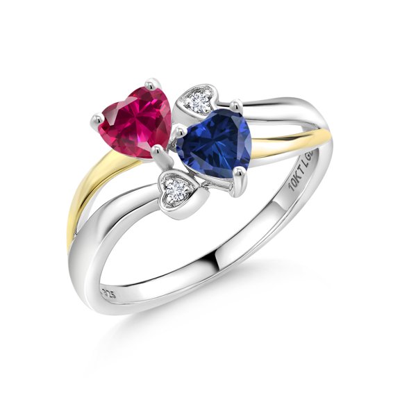 Gem Stone King 1.12 Cttw Red Created Ruby Blue Created Sapphire and White Lab Grown Diamond Ring for Women | 925 Silver and 10K Yellow Gold | Heart Shape 5MM | Size 7