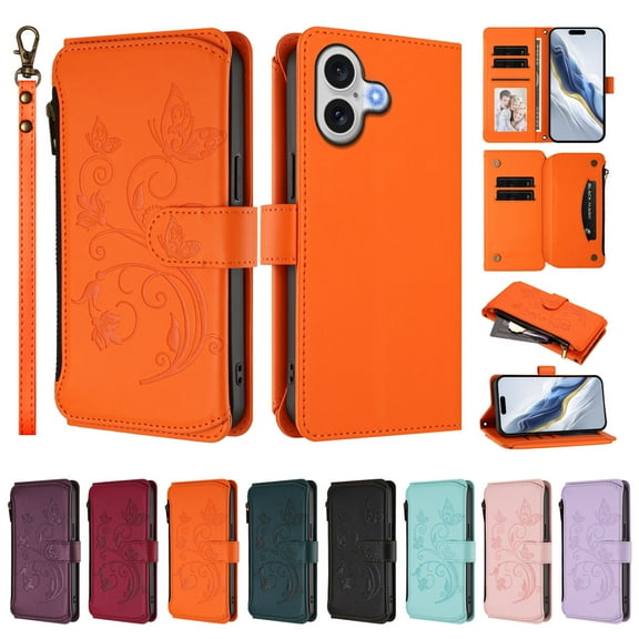 ELEHOLD Wallet Case For iPhone 17,  Butterfly Flower Pattern Leather Flip Kickstand Card Holder Zipper Pocket Magnetic Closure Cover With Crossbody Strap Lanyard  , Orange