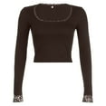 thumbnail image 6 of Women's Long Sleeve T Shirt Spliced Lace Neck Crop Design for Everyday Wear, 6 of 7