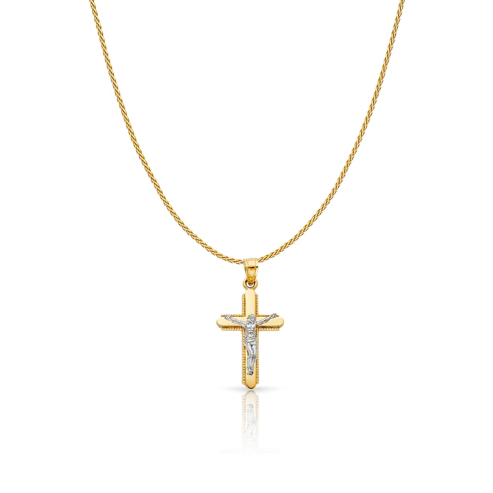 14K Two Tone Gold Jesus Crucifix Cross Charm Pendant with 0.9mm Wheat Chain Necklace