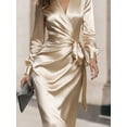 thumbnail image 5 of Champagne Satin Wrap V-Neck Long Sleeve Fitted Midi Dress, 5 of 5