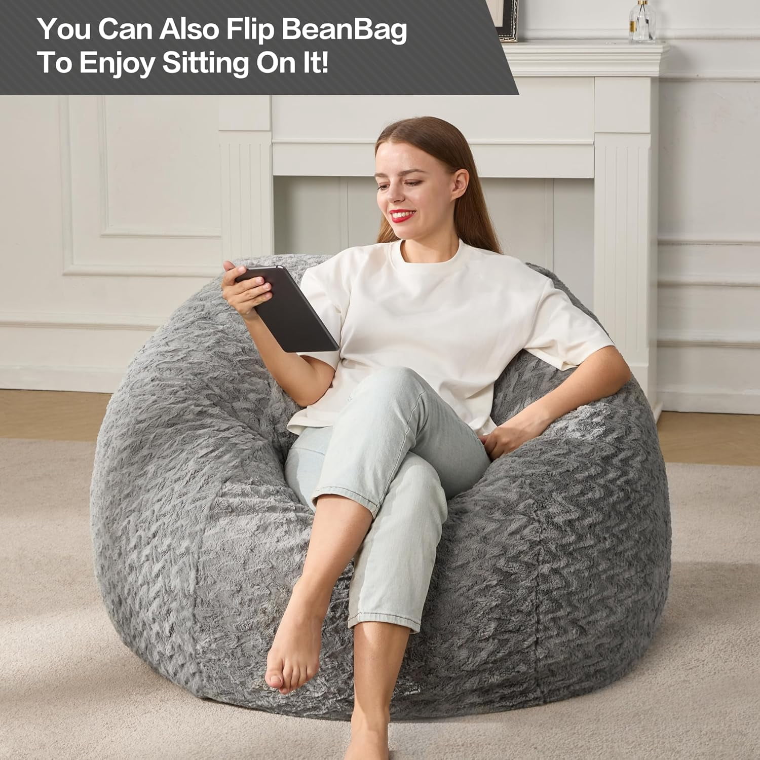 3ft Bean Bag Chairs for Adults Large Beanbag Chair with Chevron Plush Fur Cover Big Bean Bag Chair for Living Room Bedroom Dorm Office - Black (36” x 36” x 22”)