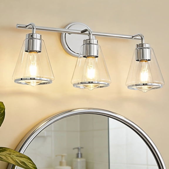 Deyidn 3-Light Nickel Bathroom Vanity Light, 22 inch Modern Wall Sconce with Clear Cone Glass Shades for Bath, Powder Room, Mirror Lighting