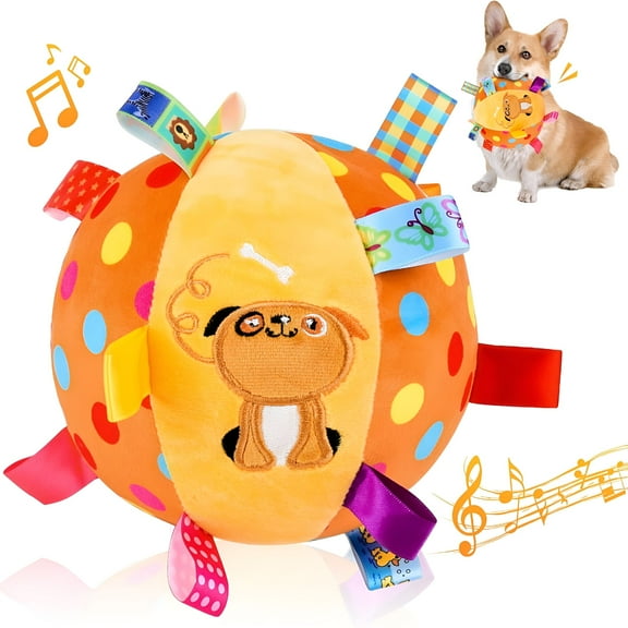 BESTSKY Dog Squeak Ball Toys with Tags, Interactive Dog Toys, Soft Stuffed Puppy Toys with Built-in Bell, Dog Chew Toys for Small Medium Large Dogs - 6 Inches