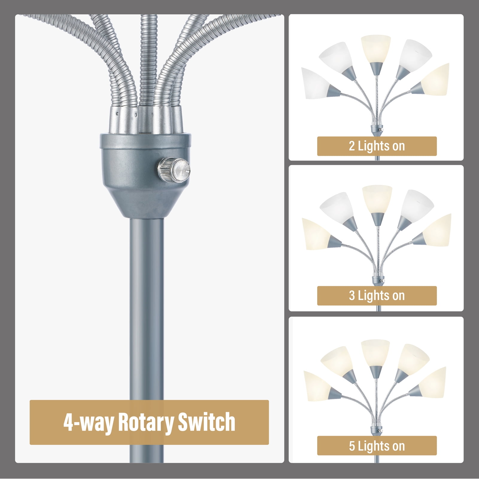 HonoDing 5-Light  Floor Lamp  Adjustable Arms,  68"Sliver Floor Lamp,No Bulb